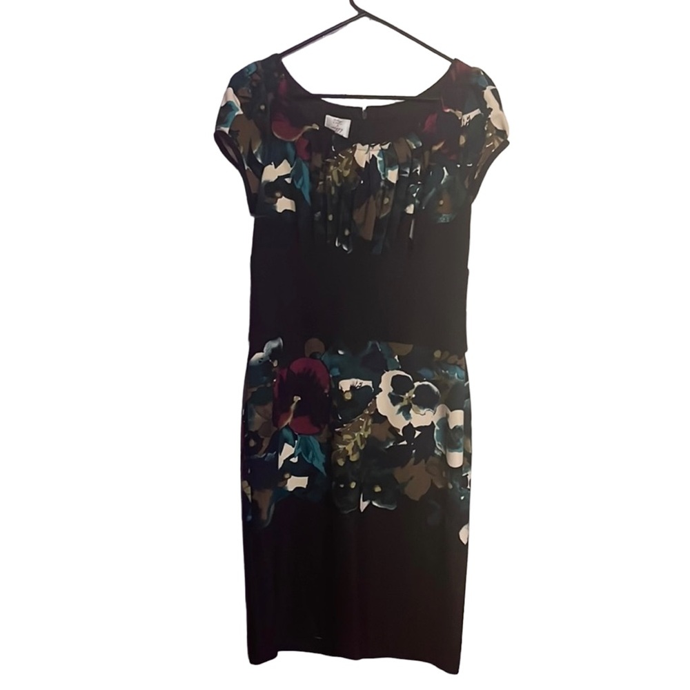 Suzi Chin Empire Waist w/‎ ruched pleats at neck. Green Purple Floral Dress - 8